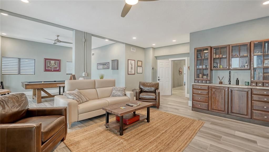 Billiard Table, Game Room, Interior, Living room, Recessed Lighting, Wood Texture Flooring