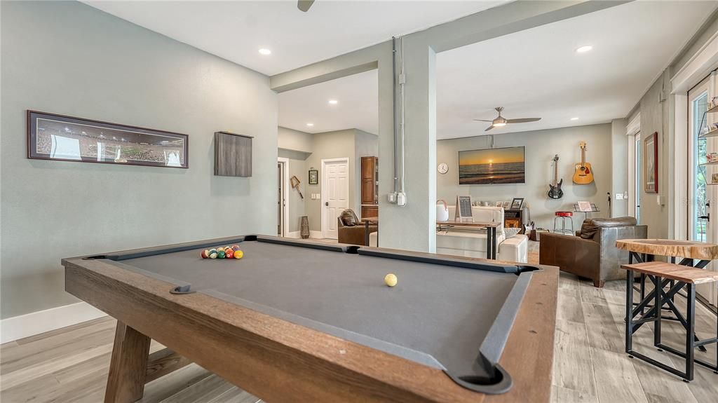 Billiard Table, Game Room, Interior, Recessed Lighting, Wood Texture Flooring