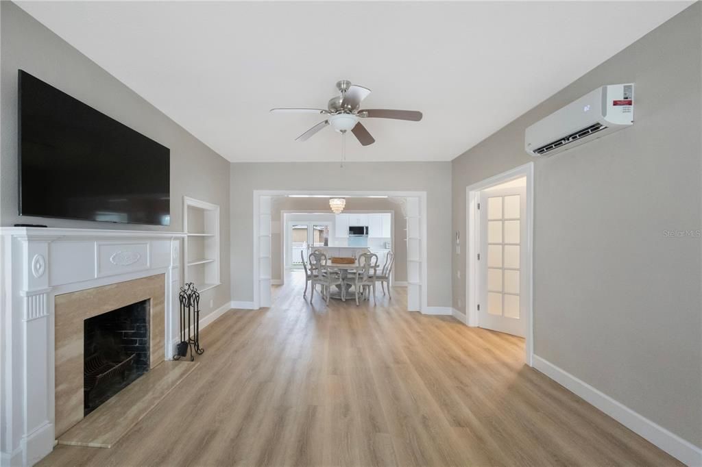 Dining room, Fireplace, Interior, Wood Texture Flooring