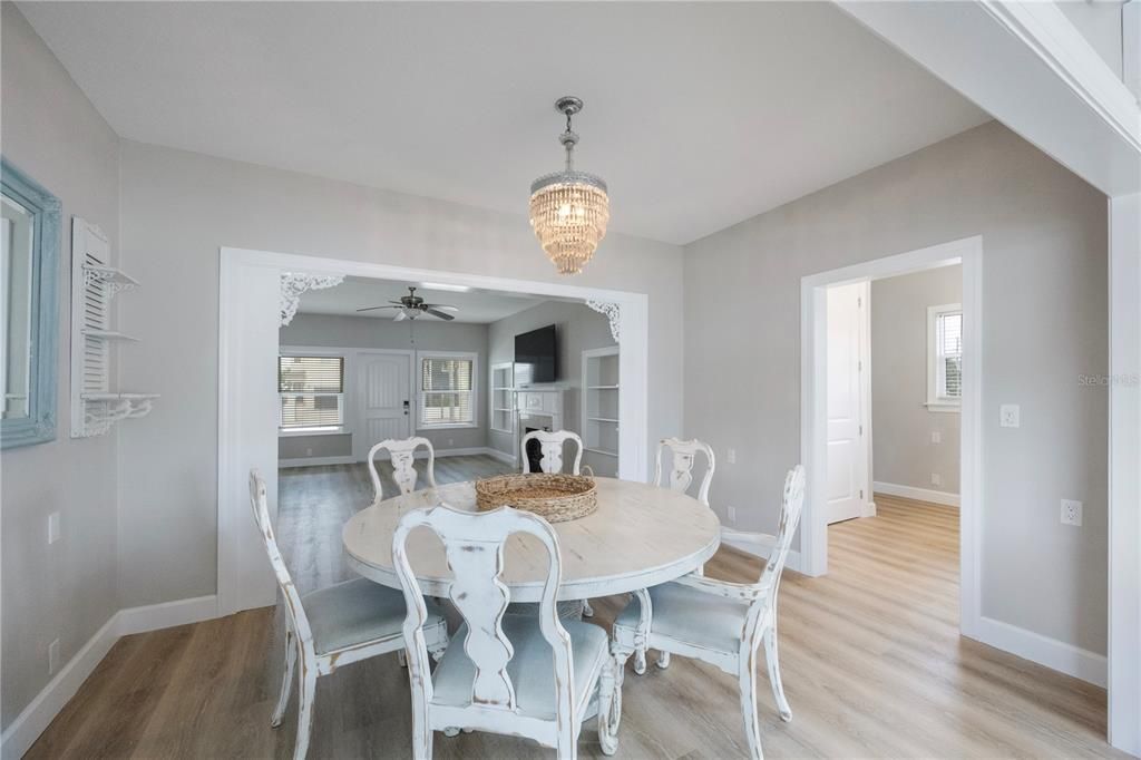 Chandelier, Dining room, Interior, Wood Texture Flooring