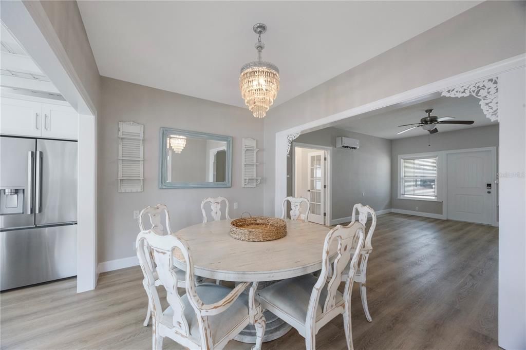 Chandelier, Dining room, Interior, Wood Texture Flooring