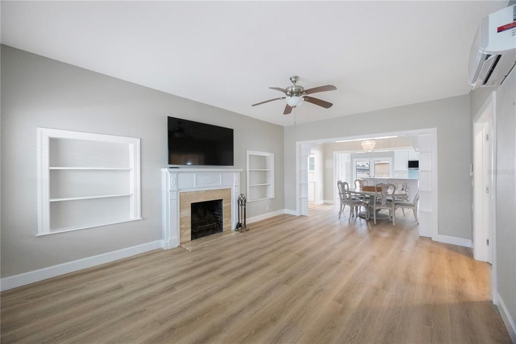 Dining room, Fireplace, Interior, Wood Texture Flooring