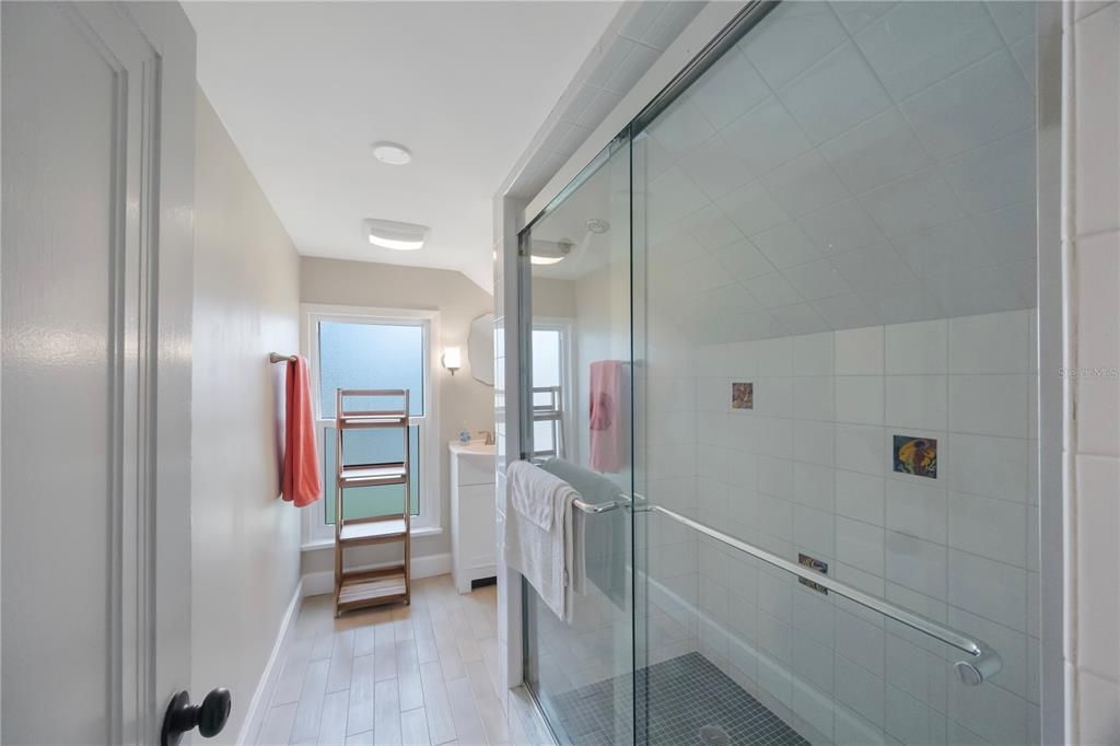 Bathroom, Glass Shower, Interior, Wood Texture Flooring