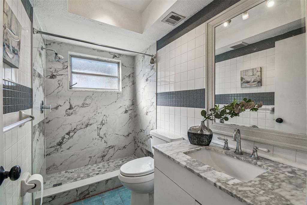 Bathroom, Interior, Marble Walls, Recessed Lighting