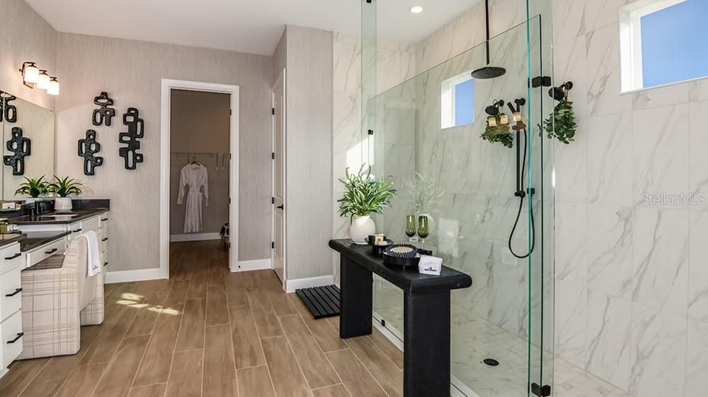 Bathroom, Glass Shower, Interior, Marble Walls, Recessed Lighting, Wood Texture Flooring