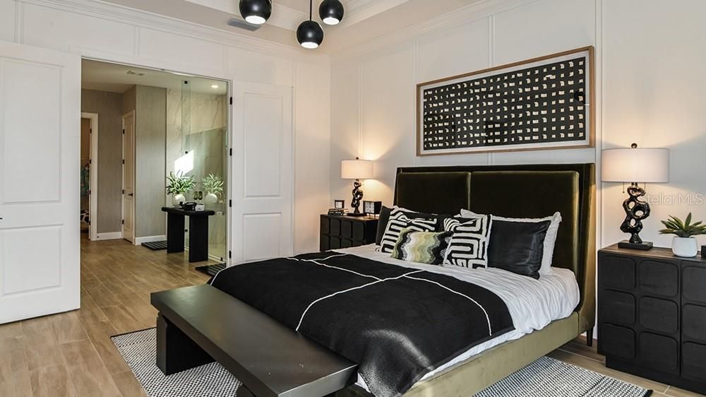 Bedroom, Interior, Pendant Lights, Wood Texture Flooring