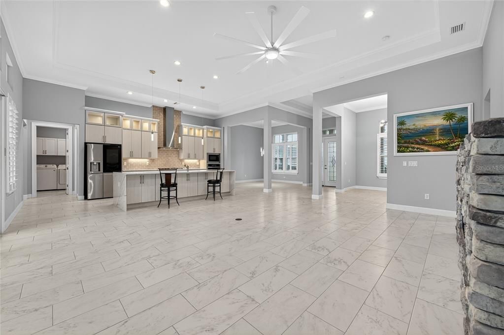 Interior, Kitchen, Marble, Pendant Lights, Recessed Lighting, Stainless Steel Appliances