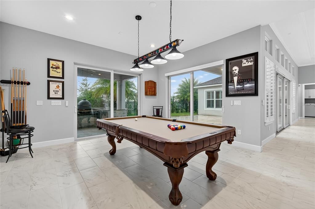 Billiard Table, Game Room, Interior, Marble, Pendant Lights, Recessed Lighting