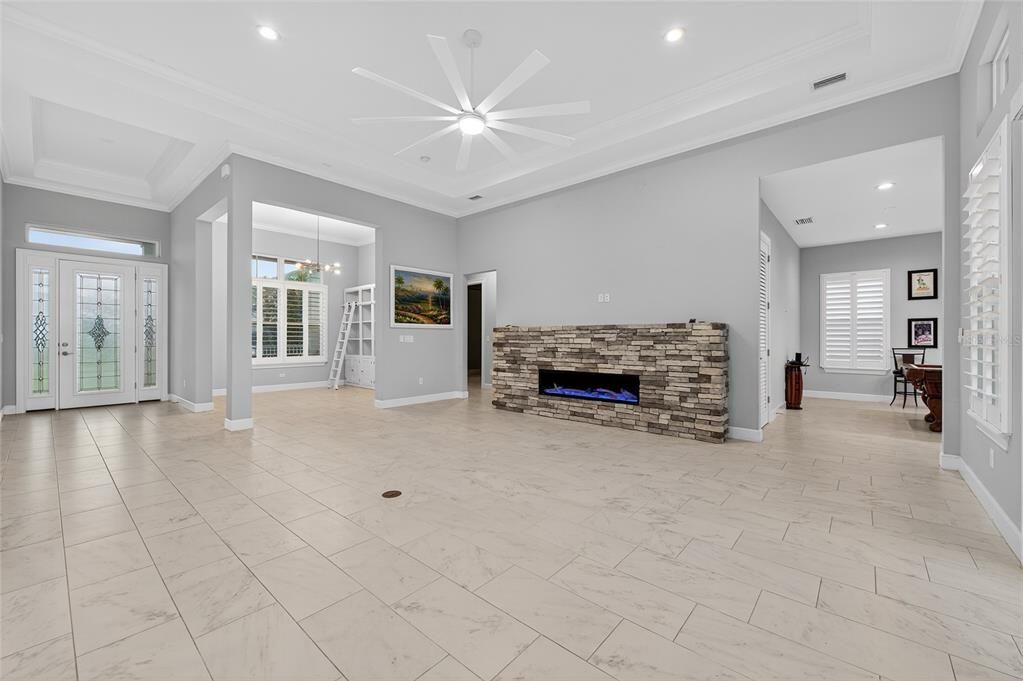 Empty room, Fireplace, Interior, Marble, Pendant Lights, Recessed Lighting