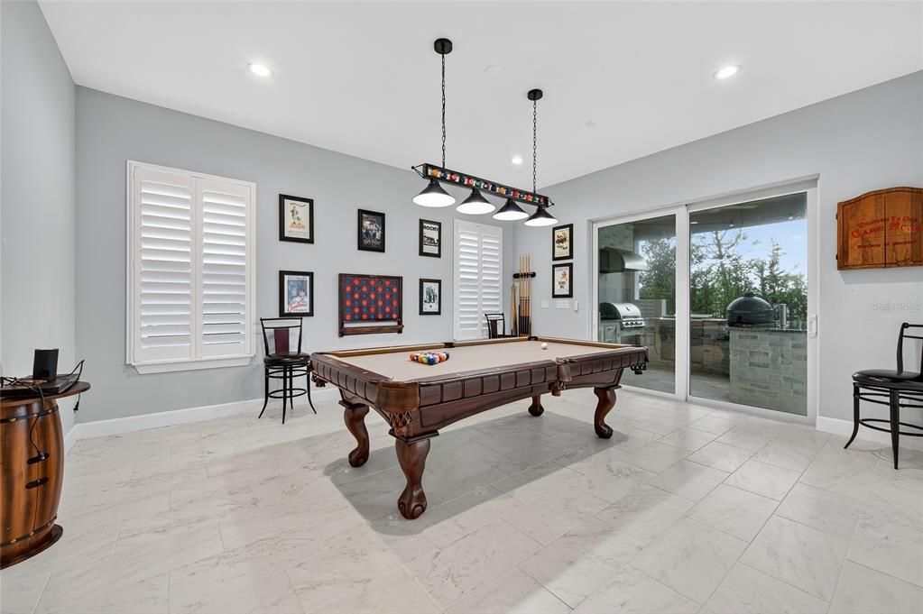 Billiard Table, Game Room, Interior, Marble, Pendant Lights, Recessed Lighting