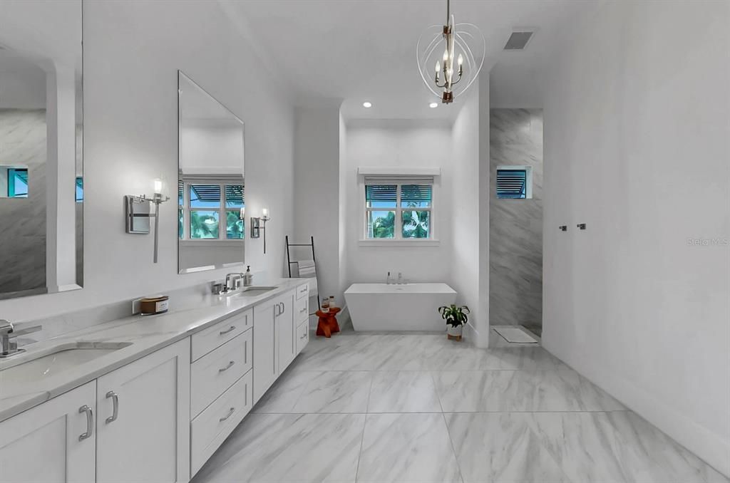 Bathroom, Dual Sink Vanities, Free Standing Baths, Interior, Marble, Pendant Lights, Recessed Lighting