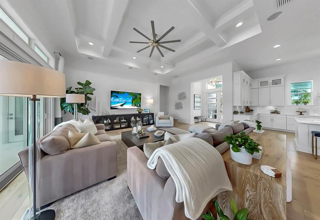 Interior, Kitchen, Living room, Pendant Lights, Recessed Lighting, Wood Texture Flooring