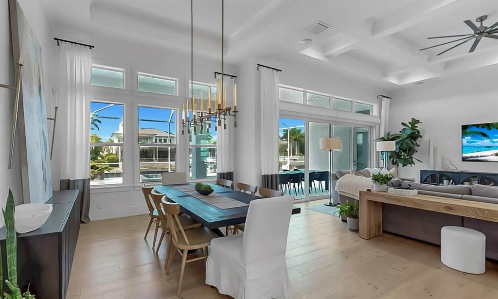 Dining room, Interior, Pendant Lights, Wood Texture Flooring