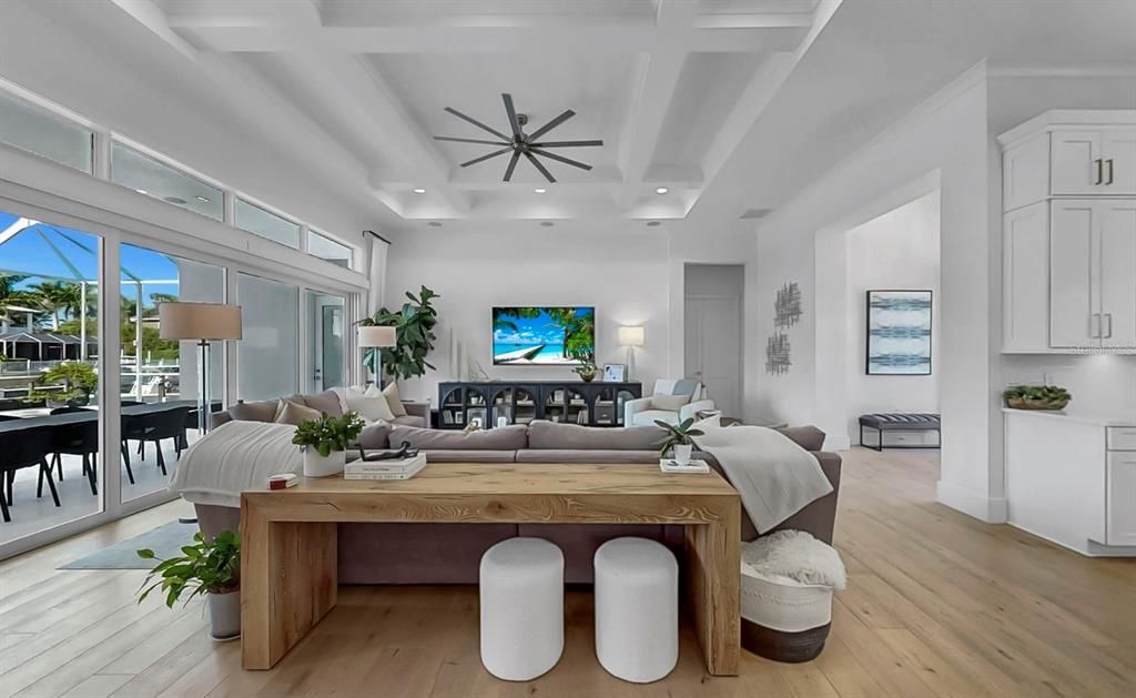 Dining room, Interior, Living room, Recessed Lighting, Wood Texture Flooring