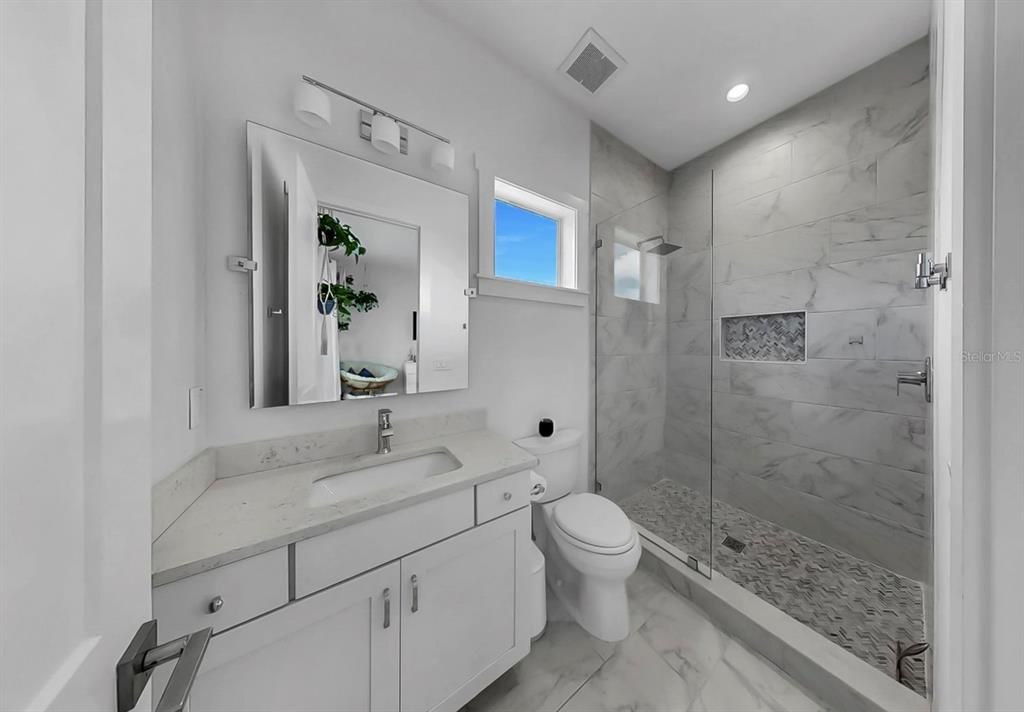 Bathroom, Glass Shower, Interior, Marble, Marble Walls, Recessed Lighting