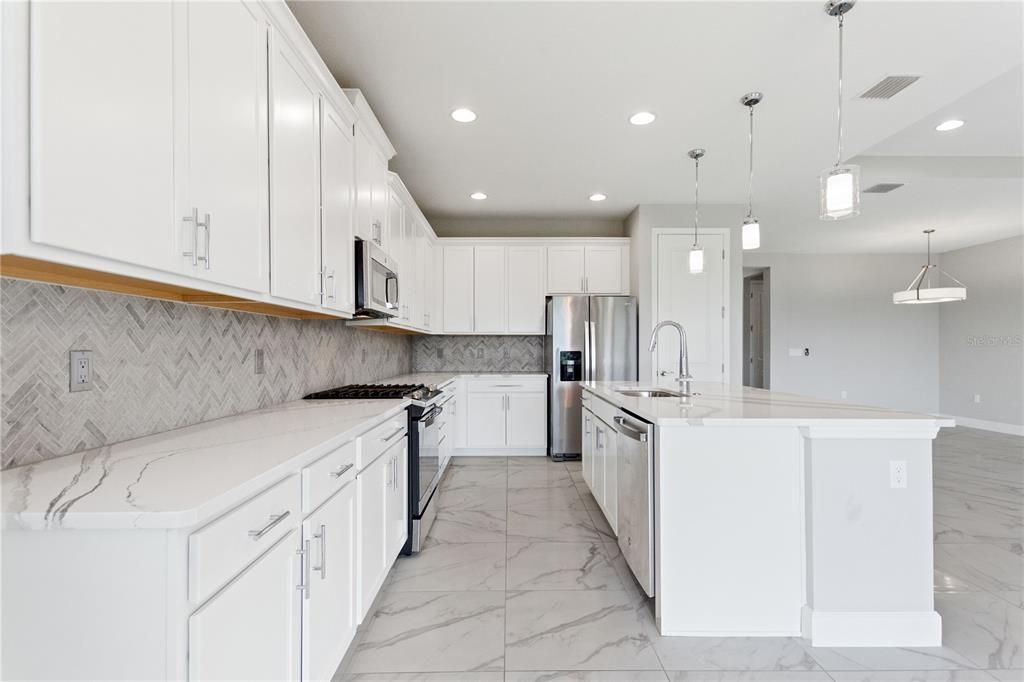 Interior, Kitchen, Marble, Pendant Lights, Recessed Lighting, Stainless Steel Appliances