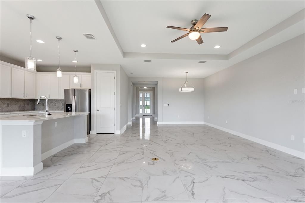 Interior, Kitchen, Marble, Pendant Lights, Recessed Lighting, Stainless Steel Appliances