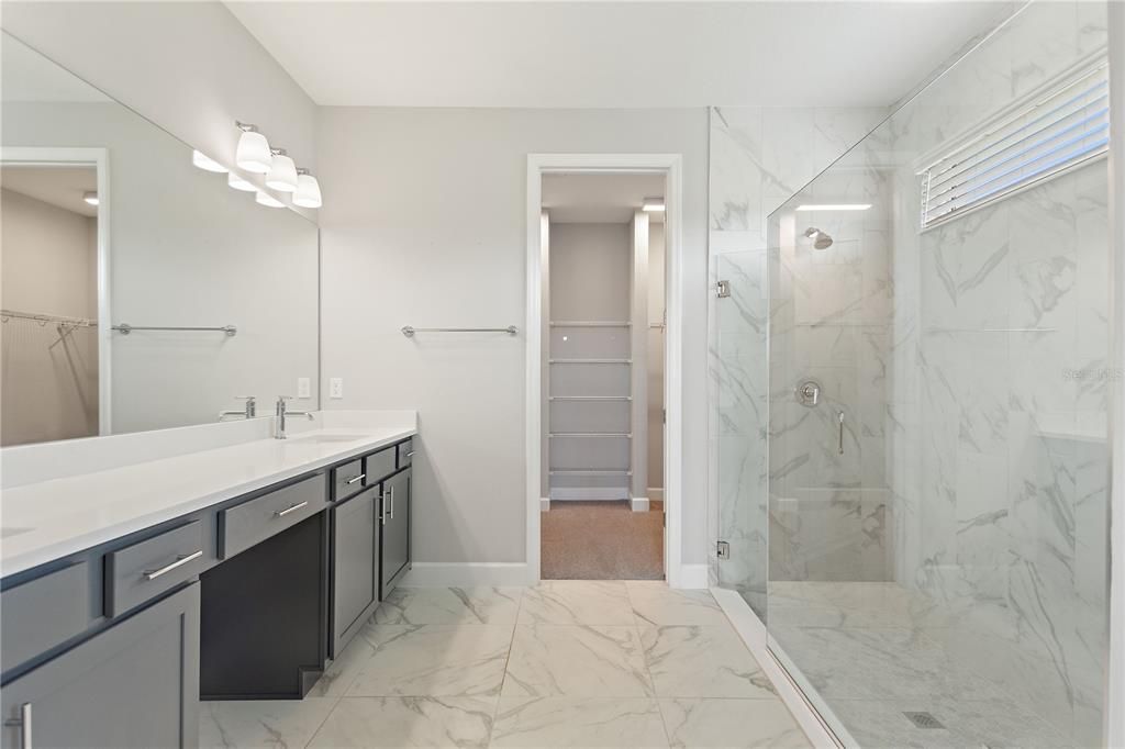 Bathroom, Dual Sink Vanities, Glass Shower, Interior, Marble, Marble Walls