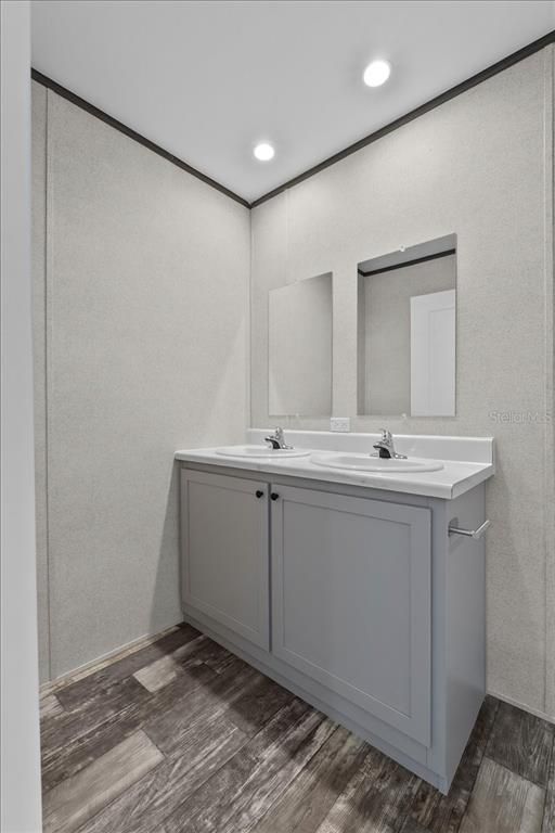 Bathroom, Dual Sink Vanities, Interior, Recessed Lighting, Wood Texture Flooring