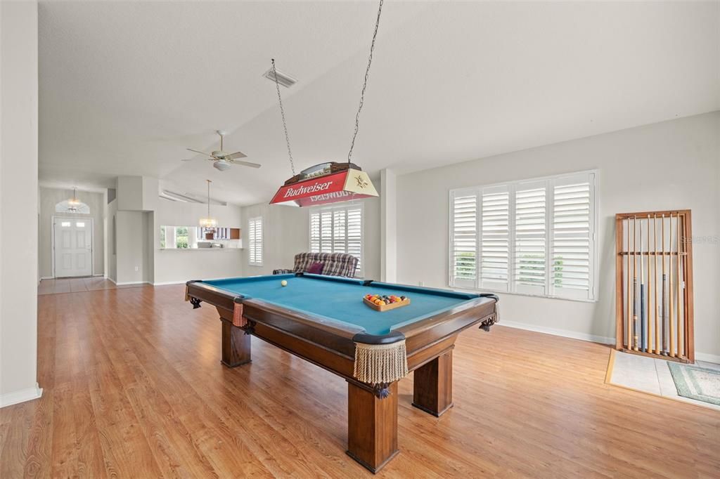 Billiard Table, Game Room, Interior, Pendant Lights, Wood Texture Flooring