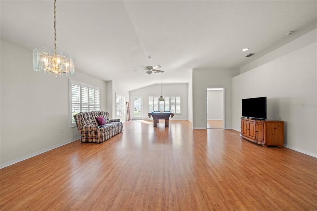 Billiard Table, Game Room, Interior, Pendant Lights, Recessed Lighting, Wood Texture Flooring