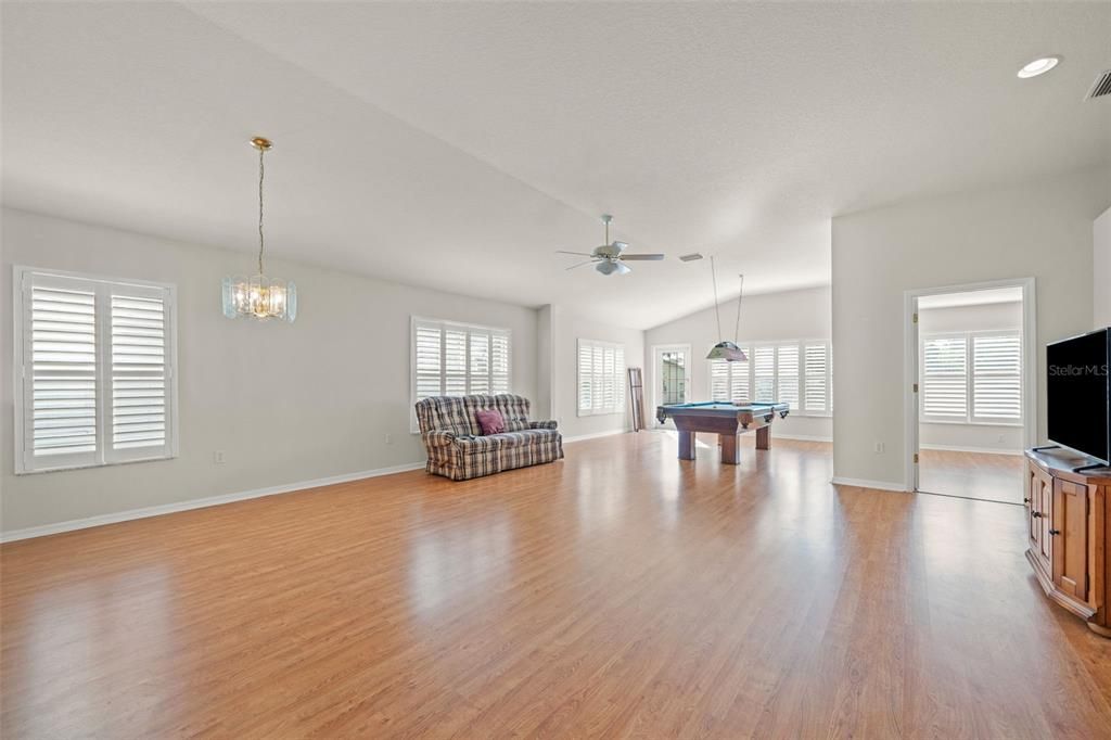 Billiard Table, Game Room, Interior, Pendant Lights, Recessed Lighting, Wood Texture Flooring