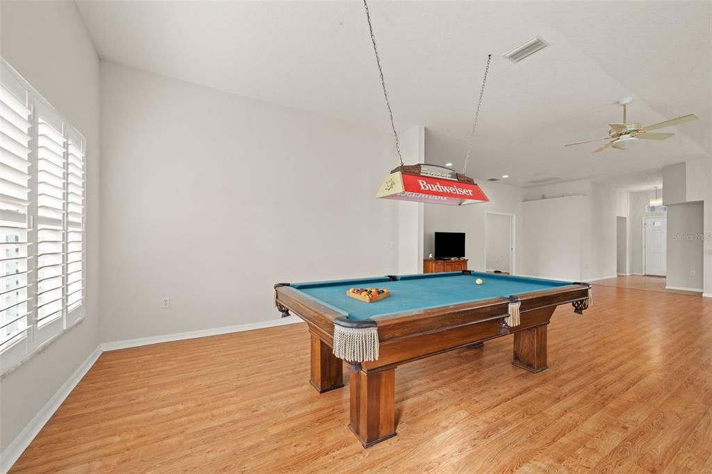 Billiard Table, Game Room, Interior, Pendant Lights, Recessed Lighting, Wood Texture Flooring