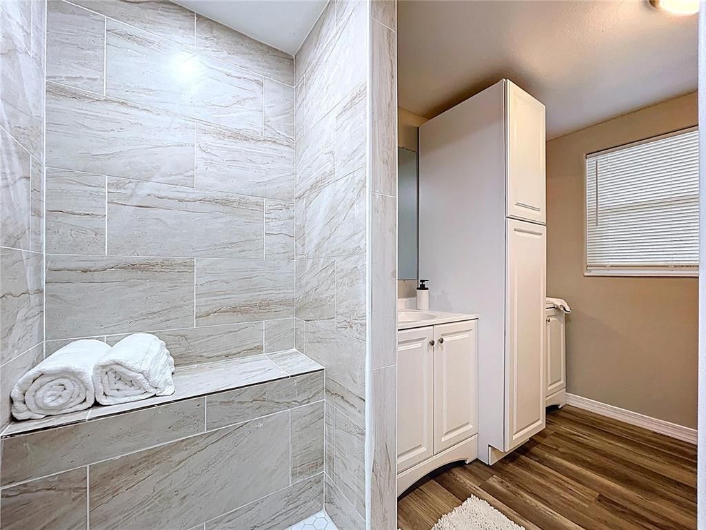 Bathroom, Interior, Marble Walls, Wood Texture Flooring