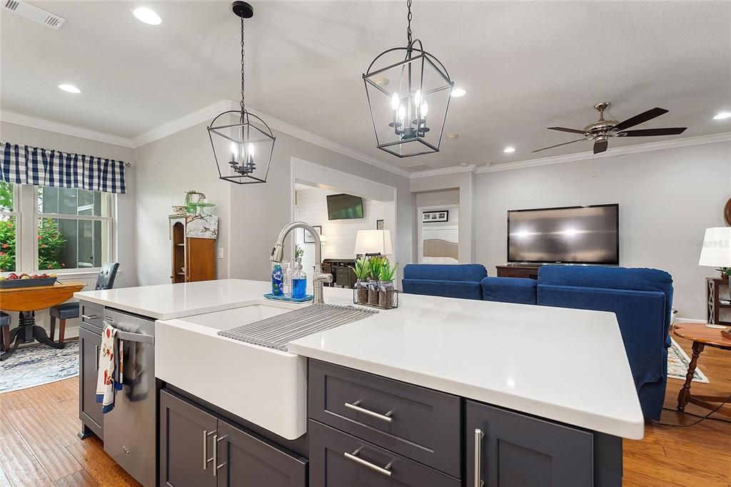Dining room, Interior, Kitchen, Living room, Pendant Lights, Recessed Lighting, Wood Texture Flooring