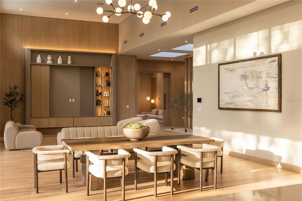Dining room, Interior, Pendant Lights, Recessed Lighting, Wood Texture Flooring