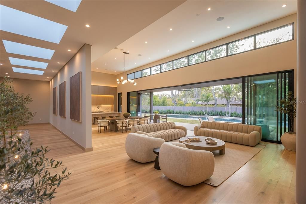 Dining room, Interior, Living room, Pendant Lights, Recessed Lighting, Wood Texture Flooring