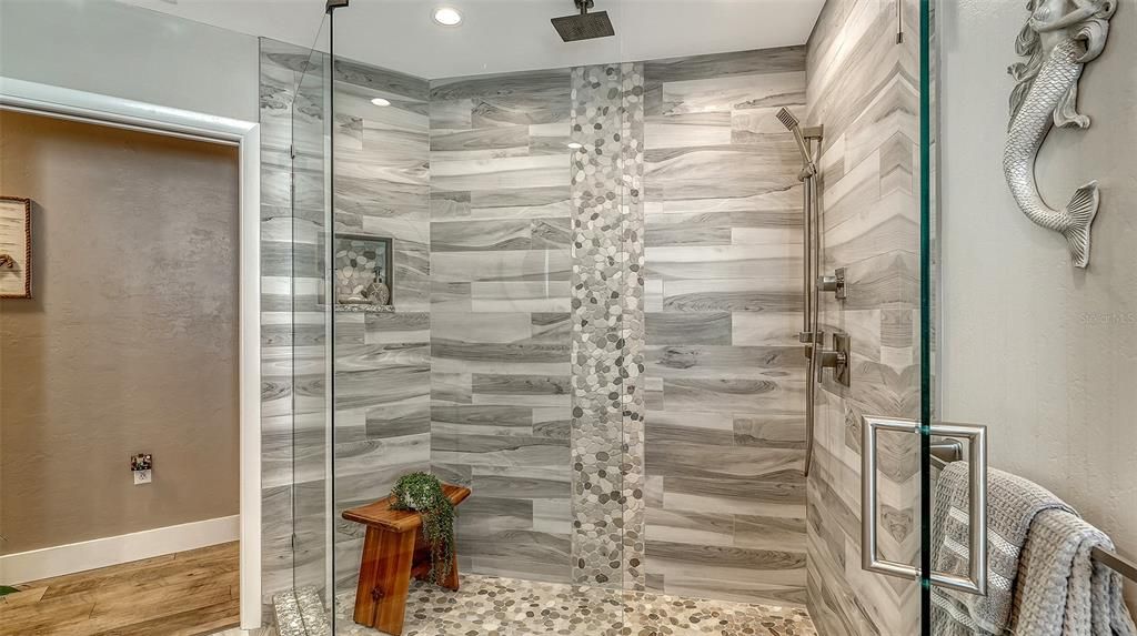 Bathroom, Glass Shower, Interior, Recessed Lighting, Wood Texture Flooring