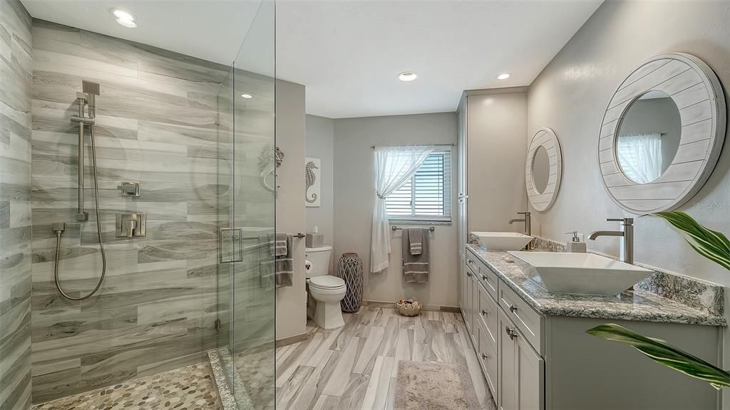 Bathroom, Dual Sink Vanities, Glass Shower, Interior, Recessed Lighting