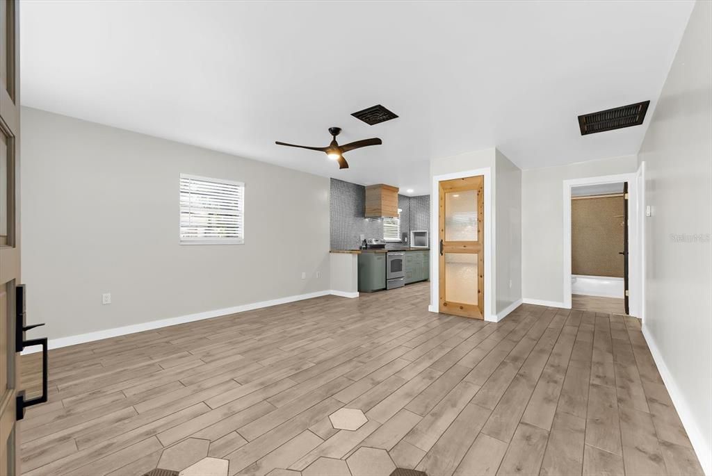 Empty room, Interior, Kitchen, Recessed Lighting, Wood Texture Flooring