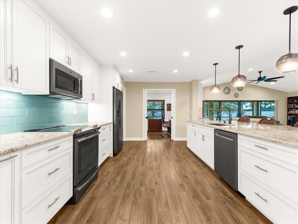 Interior, Kitchen, Pendant Lights, Recessed Lighting, Wood Texture Flooring