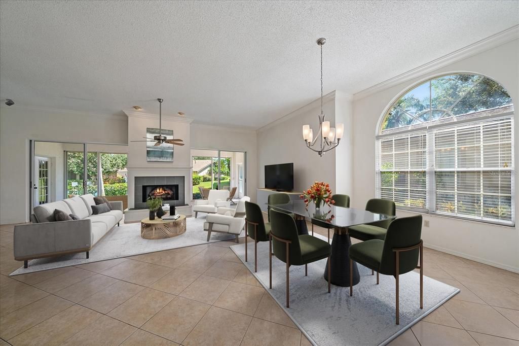 Chandelier, Dining room, Fireplace, Interior, Living room, Pendant Lights