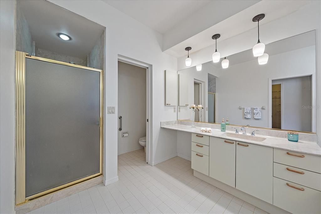 Bathroom, Dual Sink Vanities, Glass Shower, Interior, Pendant Lights, Recessed Lighting