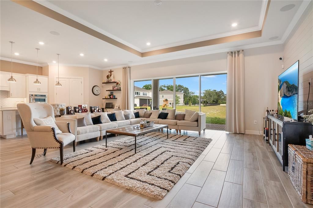 Interior, Living room, Pendant Lights, Recessed Lighting, Wood Texture Flooring