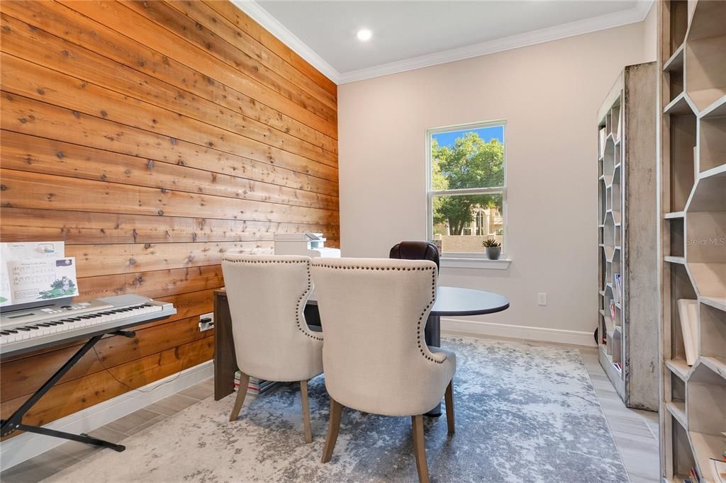 Dining room, Interior, Recessed Lighting, Wooden Walls