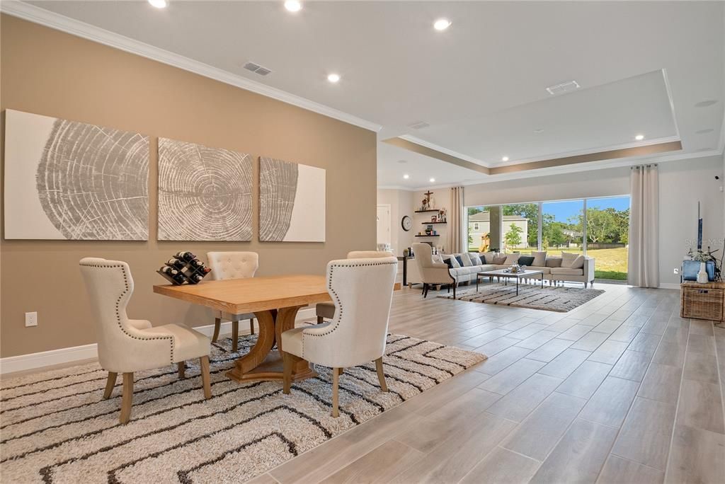 Dining room, Interior, Living room, Recessed Lighting, Wood Texture Flooring