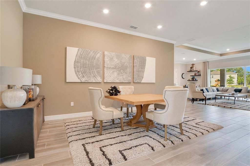 Dining room, Interior, Living room, Recessed Lighting, Wood Texture Flooring