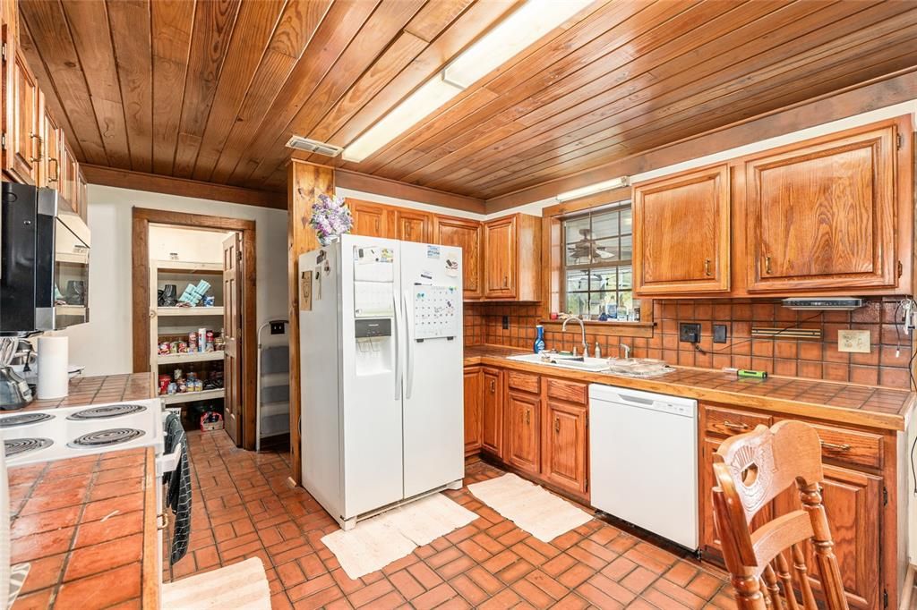 Interior, Kitchen, Tile Countertops, Wooden Ceilings