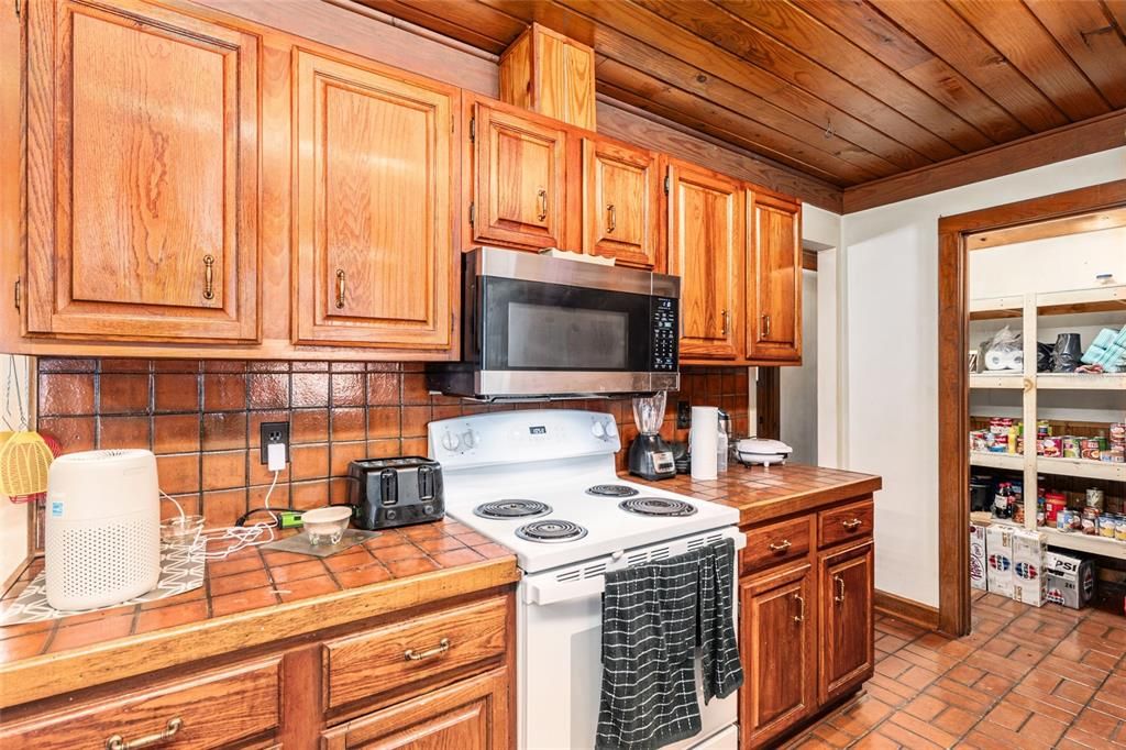 Interior, Kitchen, Tile Countertops, Wooden Ceilings