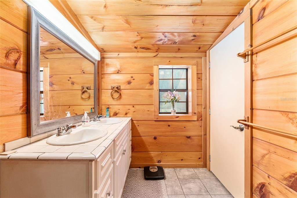 Bathroom, Interior, Tile Countertops, Wooden Ceilings, Wooden Walls