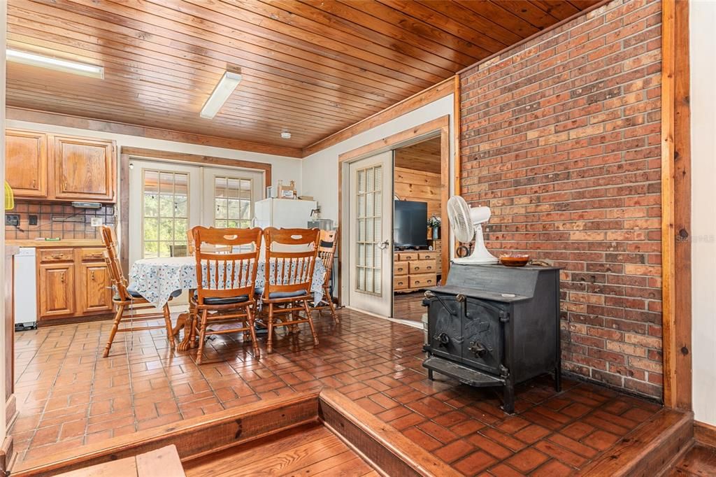 Dining room, Fireplace, Interior, Stone Walls, Wooden Ceilings