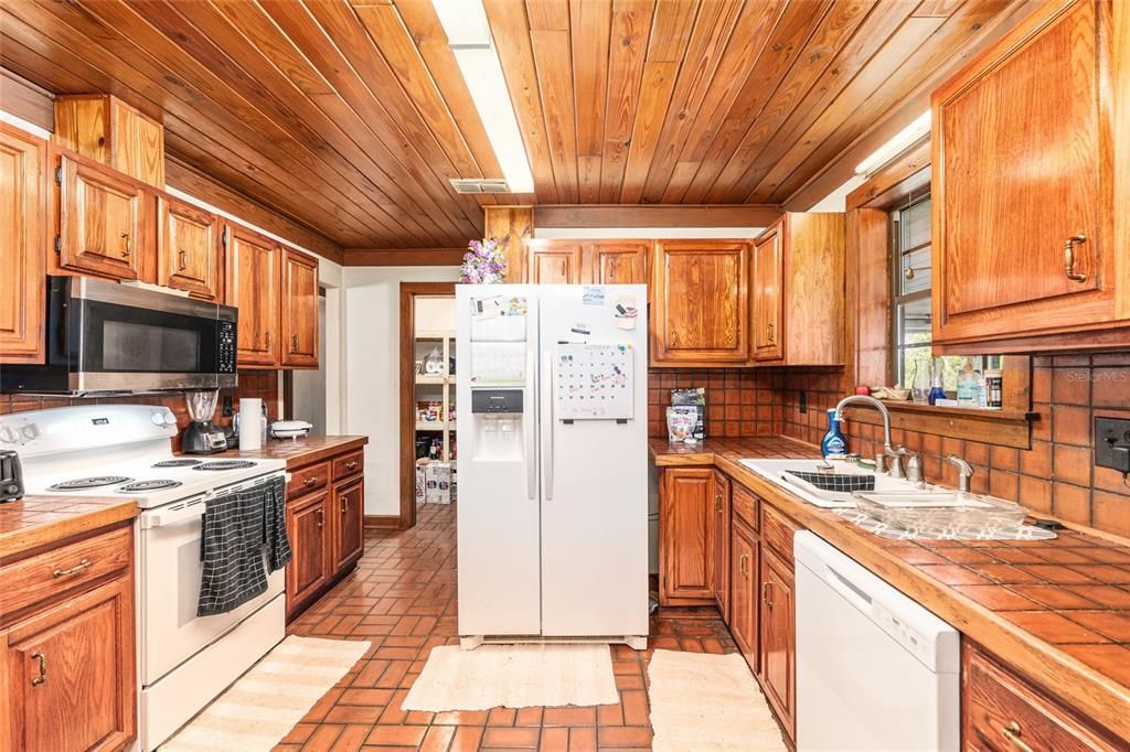 Interior, Kitchen, Tile Countertops, Wooden Ceilings