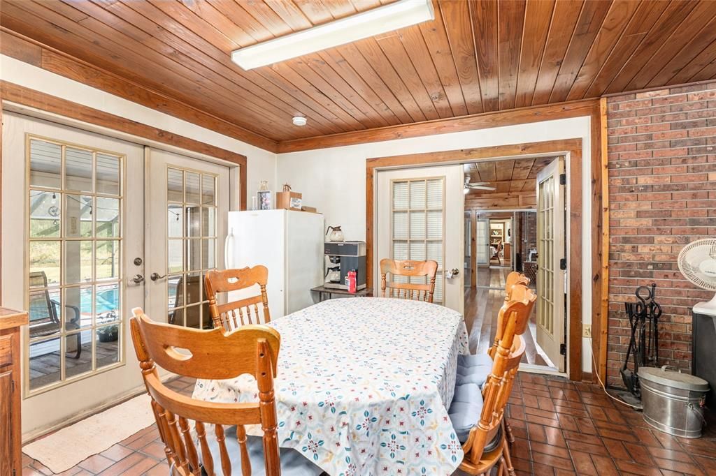 Dining room, Interior, Recessed Lighting, Stone Walls, Wooden Ceilings