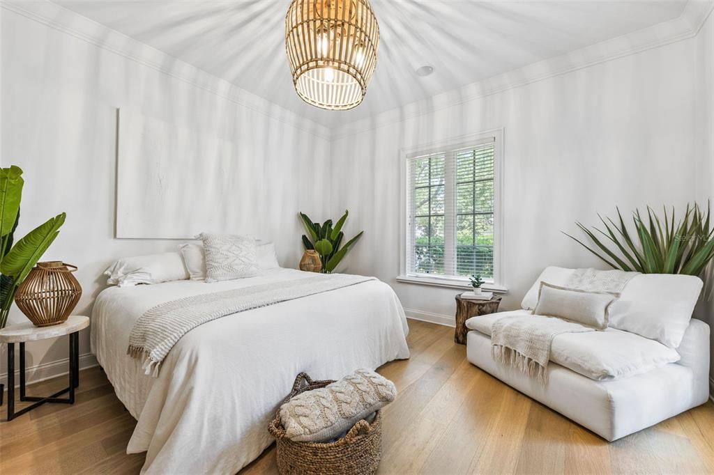 Bedroom, Interior, Pendant Lights, Wood Texture Flooring