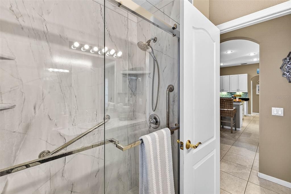 Bathroom, Glass Shower, Interior, Marble Walls, Recessed Lighting