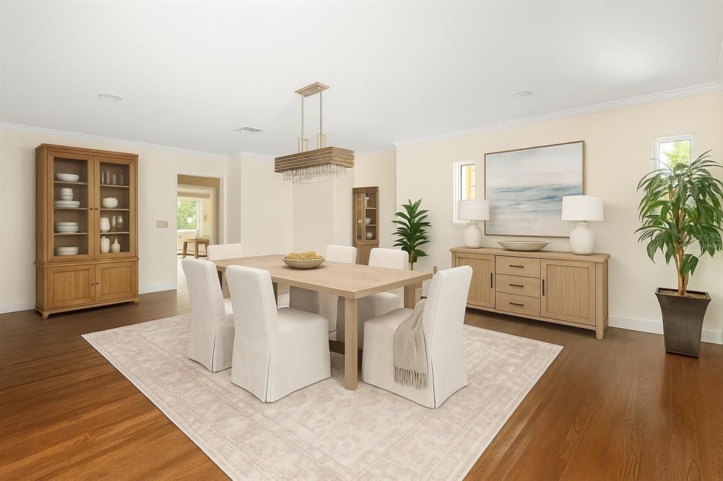 Dining room, Interior, Pendant Lights, Wood Texture Flooring